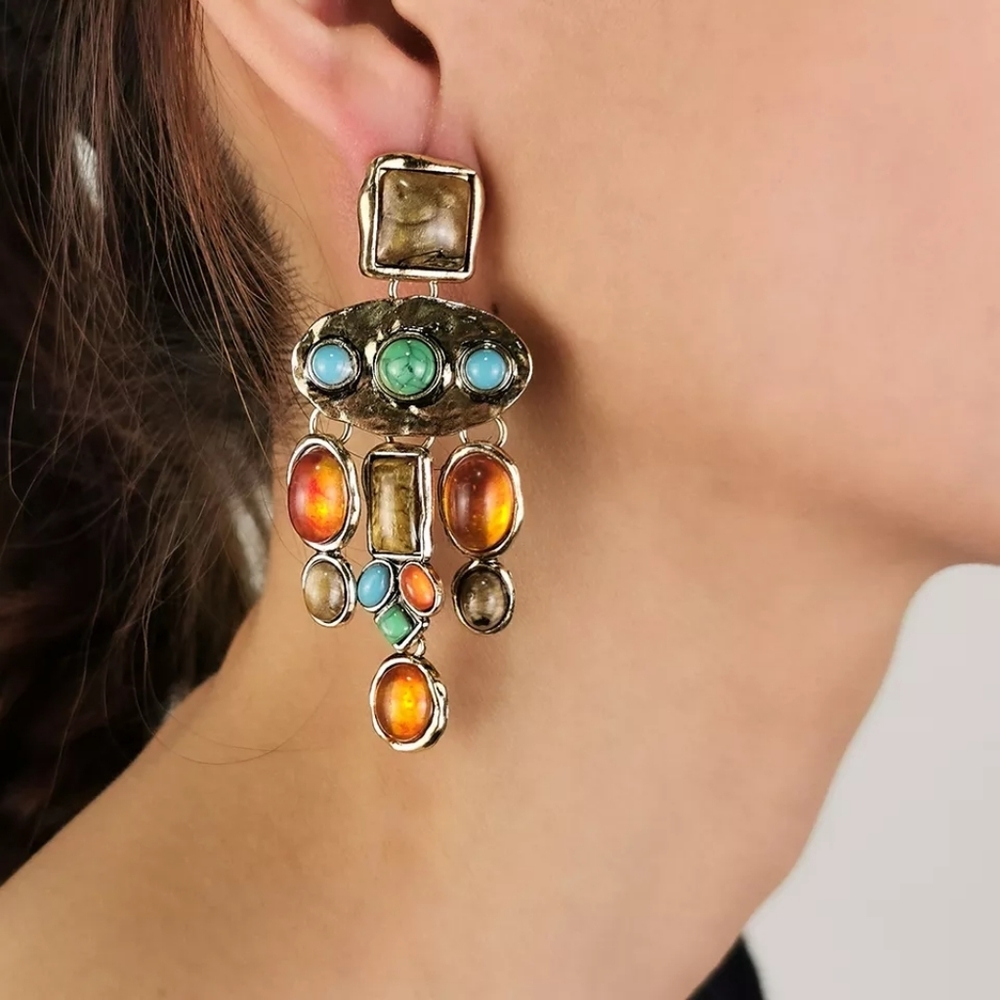 Multicolor Gemstone Dangle Earrings - Turquoise & Amber Tones